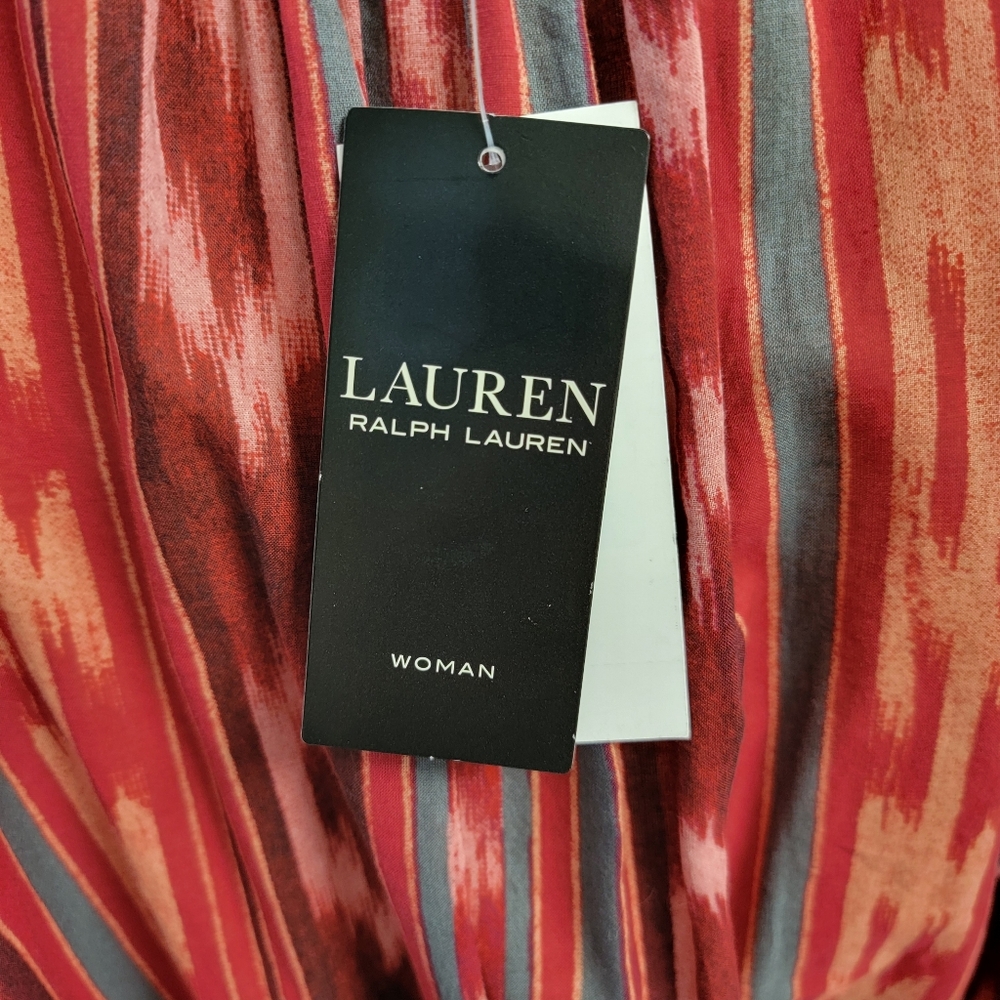 LAUREN Ralph Lauren Geo-Stripe Belted Cotton Voile Dress Red Women’s Size 16 NWT - Picture 7 of 16